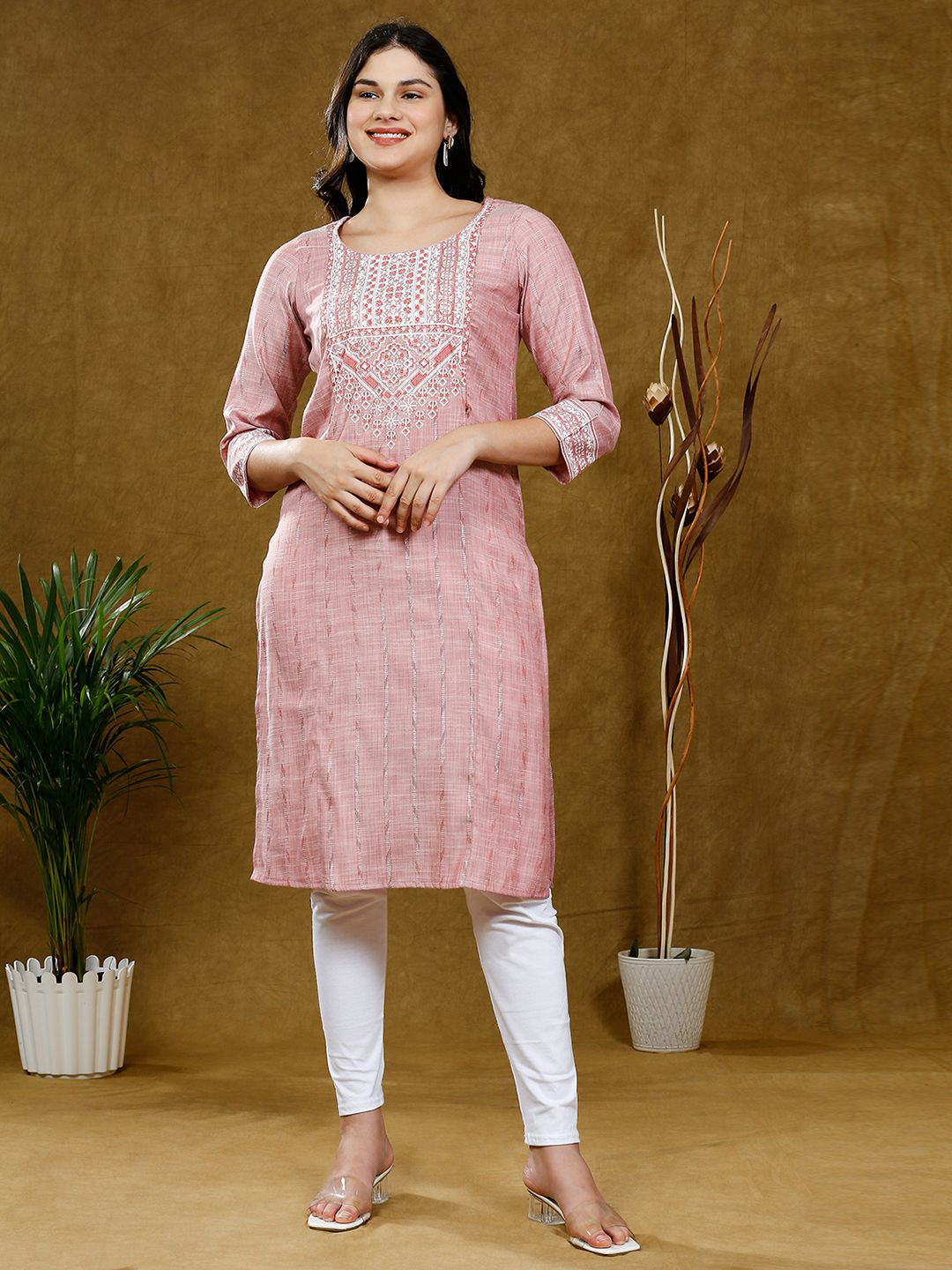 

True Shape Ethnic Motifs Printed Yoke Design Cotton Maternity Kurta, Pink