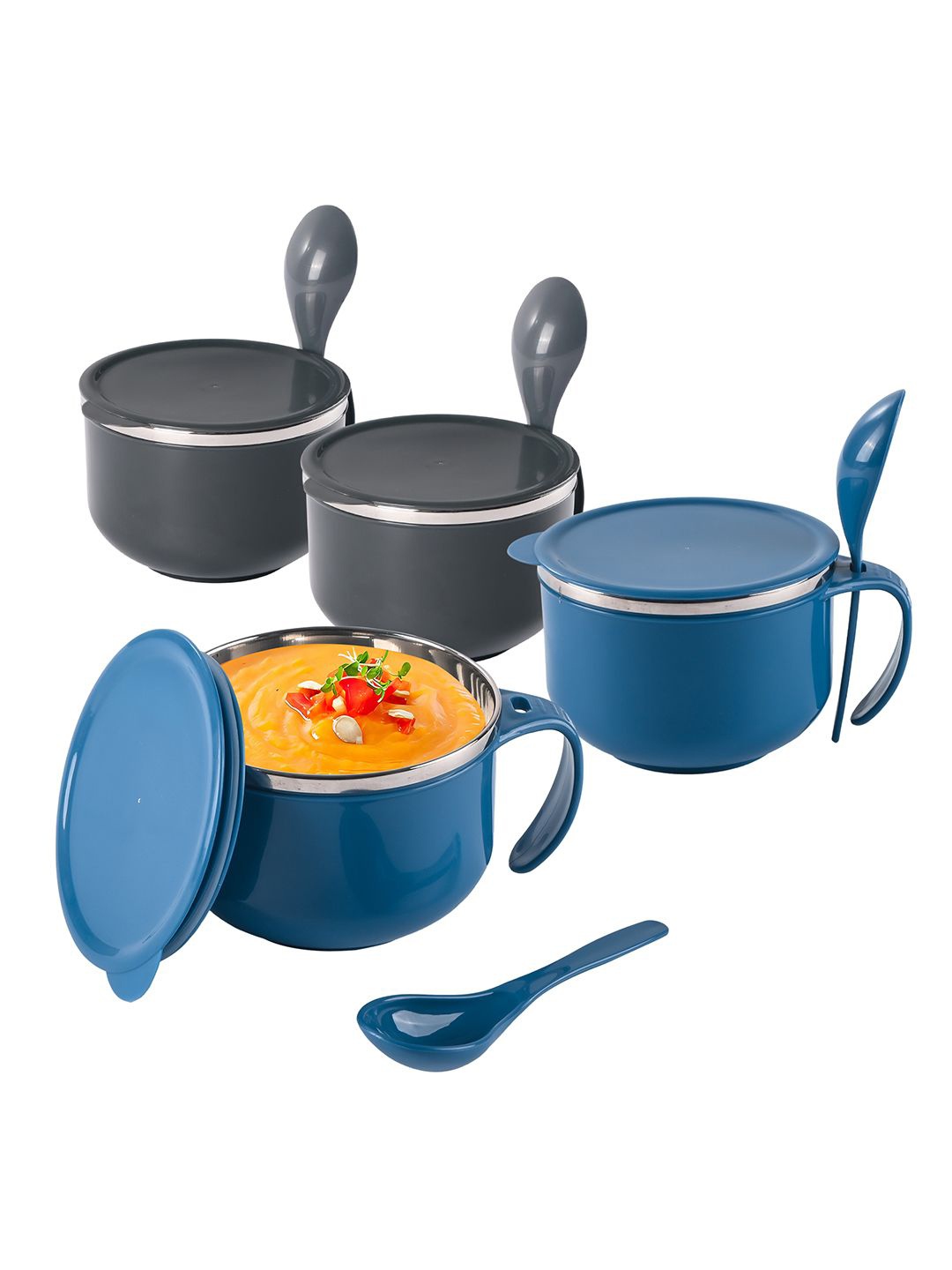 

Kuber Industries Navy Blue & Grey 4 Pieces Soup Bowl with Spoon & Holder 600 ml