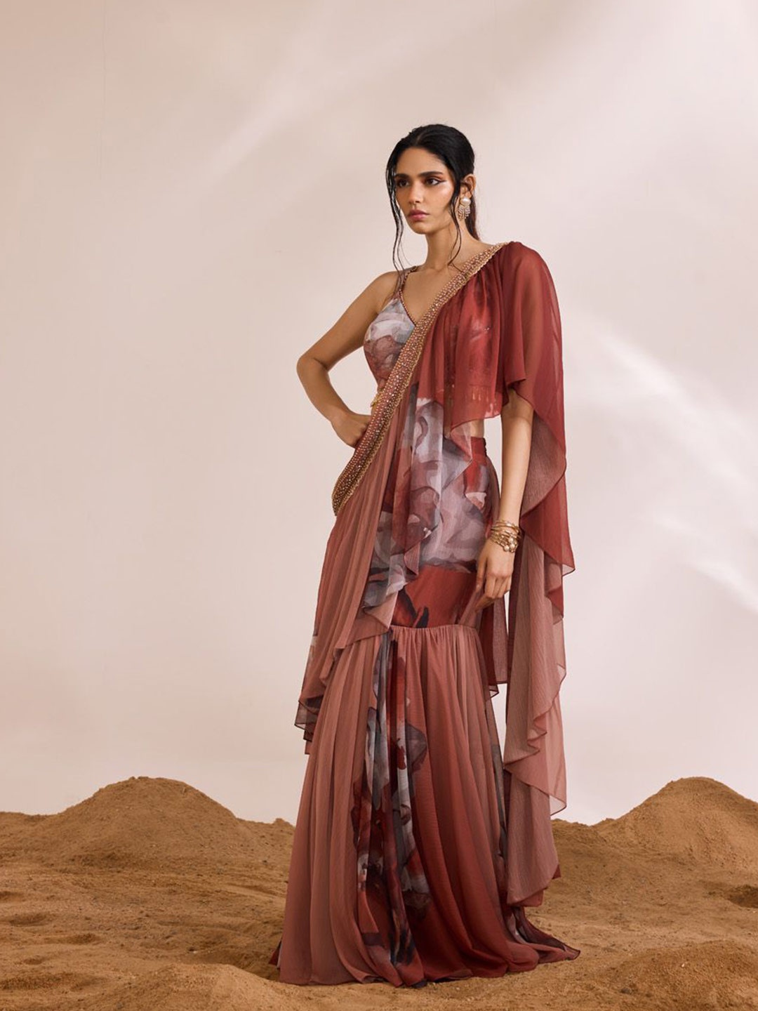 

DIVYA AGGARWAL Abstract Printed Sequinned Ruffles Saree, Rust