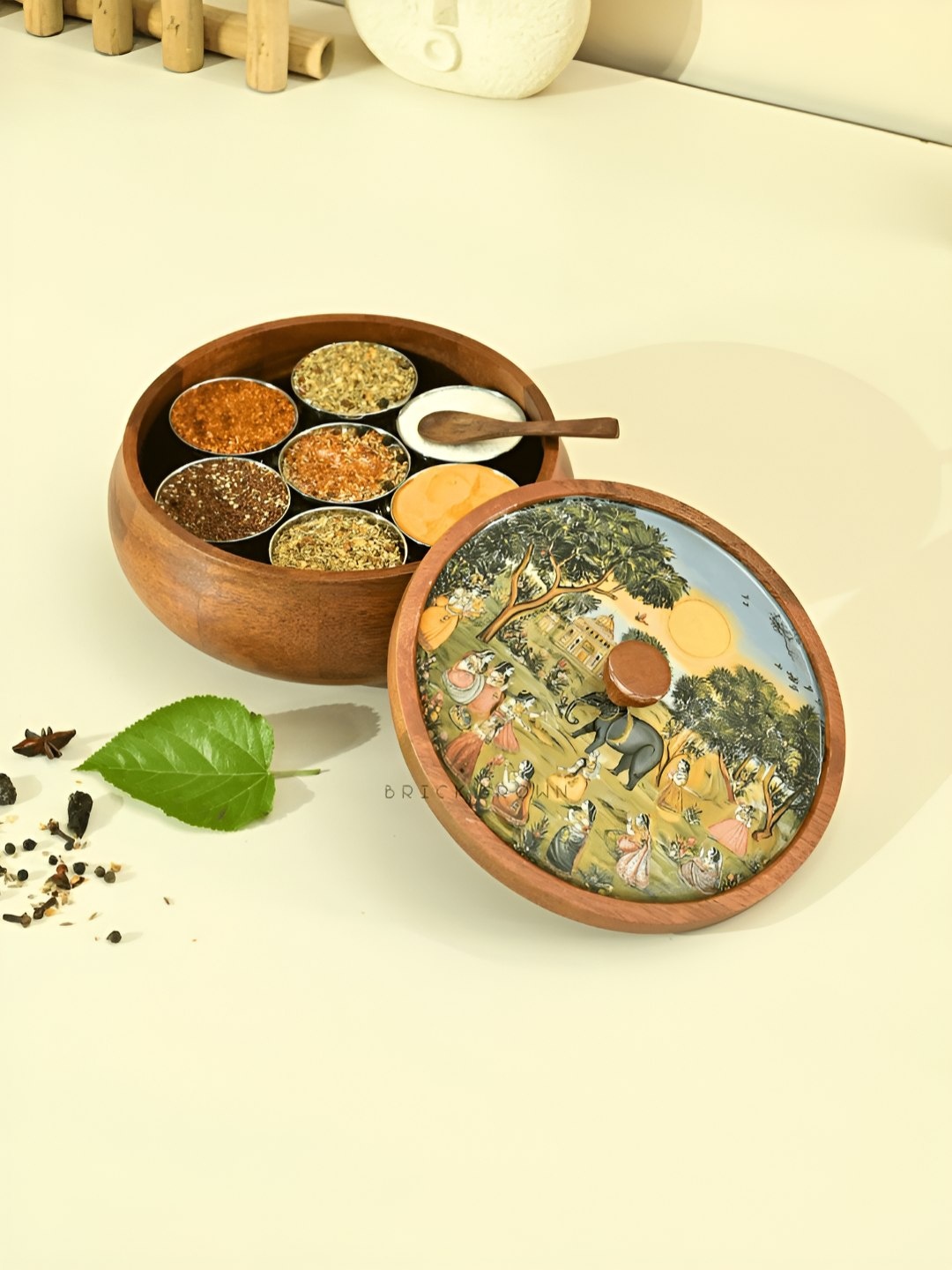 

BRICK BROWN Beige Wooden Saga Masala Spice Box