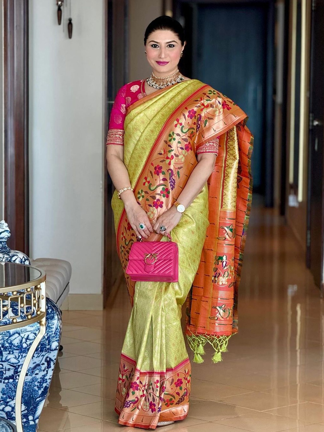 

Jinal & Jinal Woven Design Zari Pure Silk Paithani Saree, Green