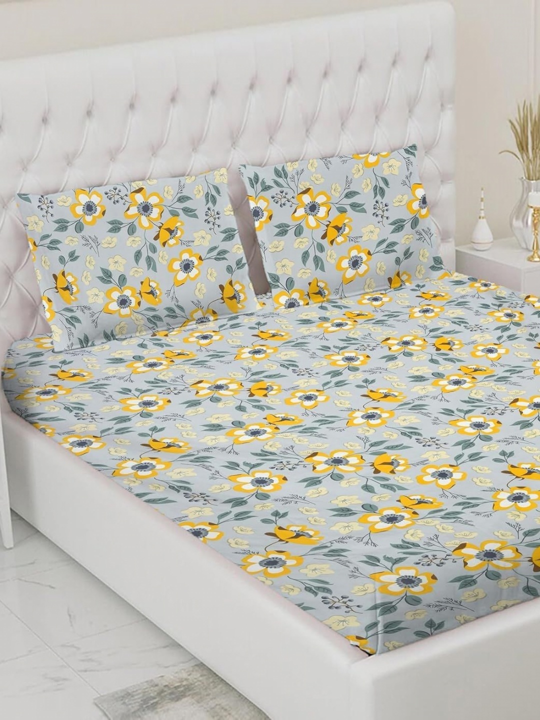 

Aura Grey & Yellow Floral 144 TC Queen Bedsheet with 2 Pillow Covers