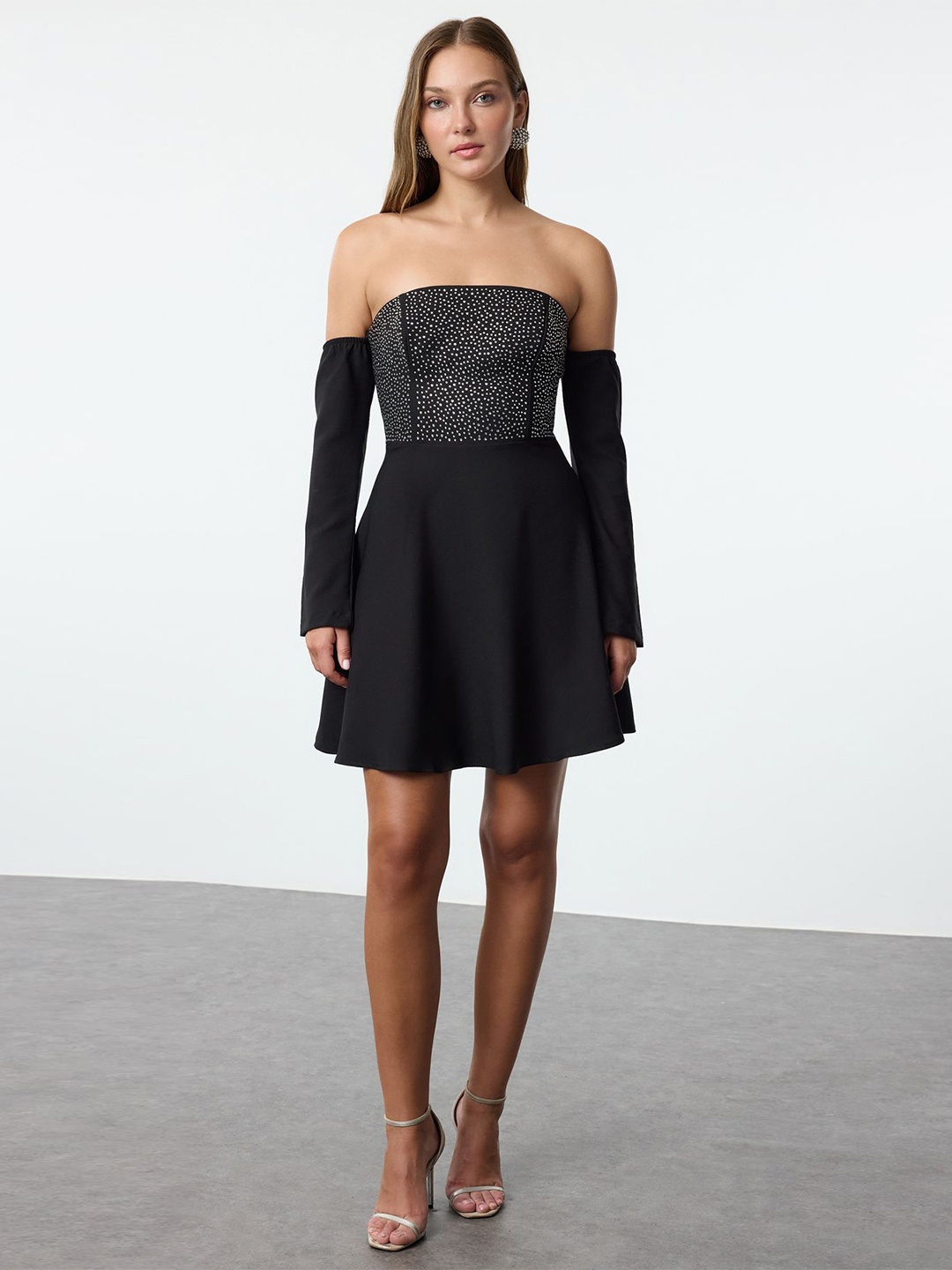 

Trendyol Embellished Off-Shoulder Fit & Flare Dress, Na