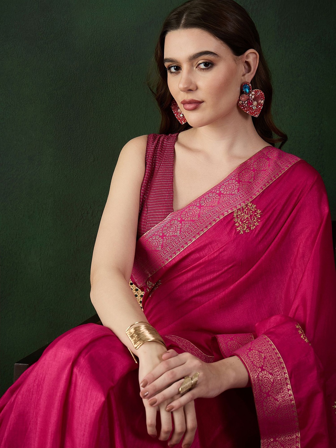 

Sangria Mysore Silk Ethnic Motifs Embroidered Saree With Blouse Piece, Magenta