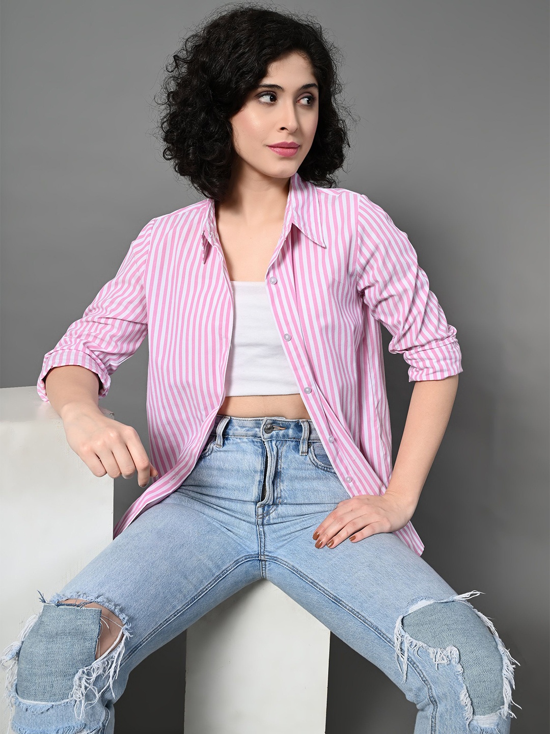 

HERE&NOW Women Standard Multi Stripes Opaque Striped Casual Shirt, Pink