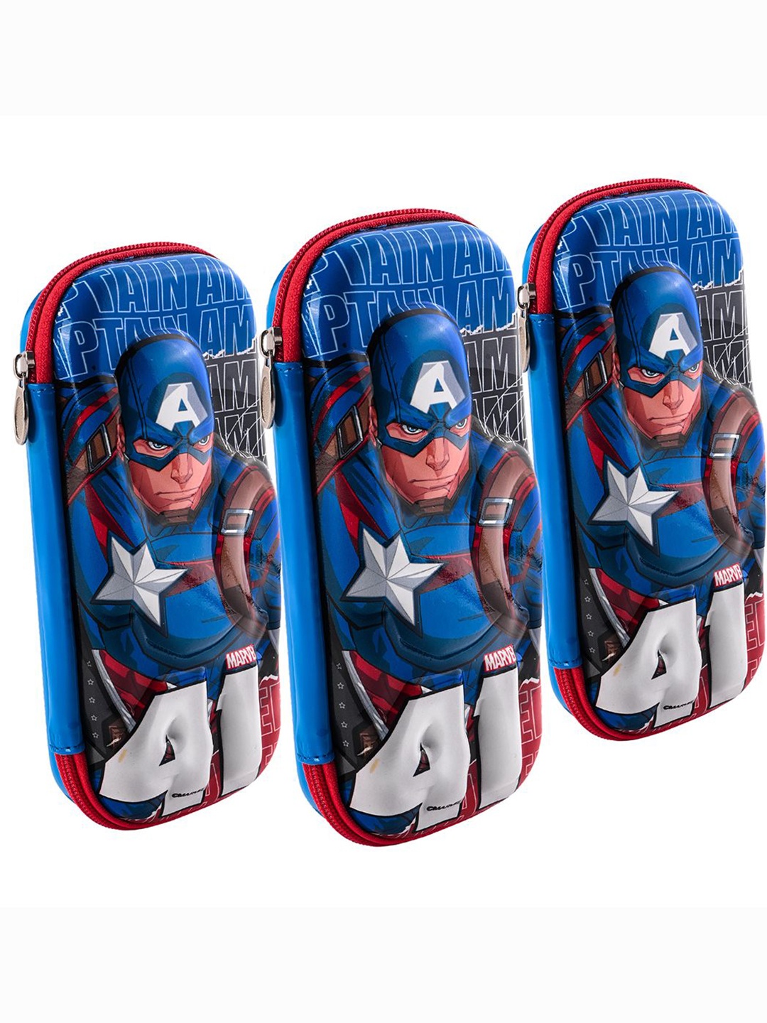 

Kuber Industries Red & Blue 3 Pieces Captain America 3D Printed Pencil Box with Zip