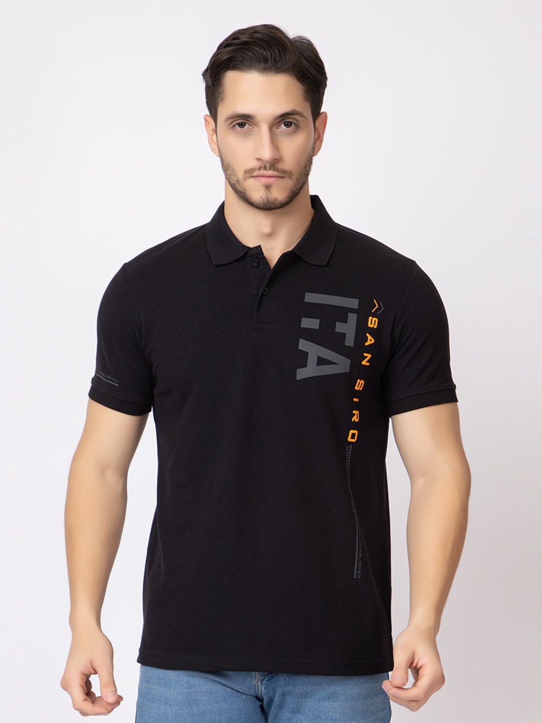 

ARIIX Men Typography Printed Polo Collar Cotton T-shirt, Black