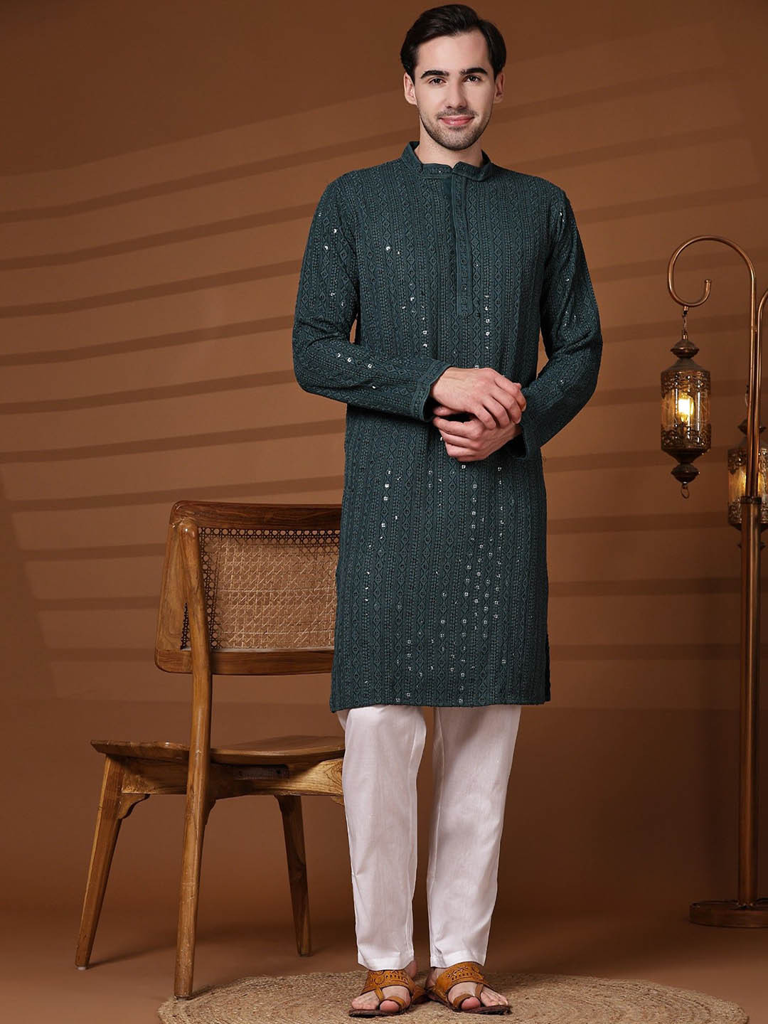 

SKAVIJ Geometric Embroidered Sequinned Jacquard Weave Pure Cotton Straight Kurta & Pyjamas, Grey melange