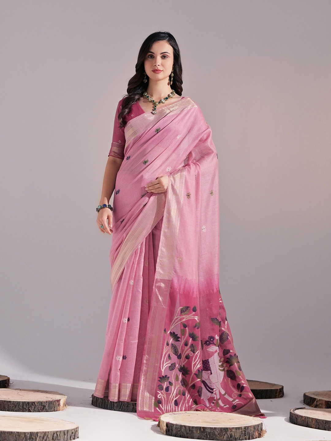 

Jinal & Jinal Woven Design Zari Muga Saree, Pink