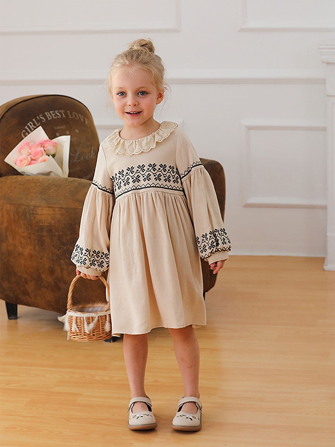 

LULU & SKY Girls Embroidered Round Neck Cotton Empire Dress, Beige