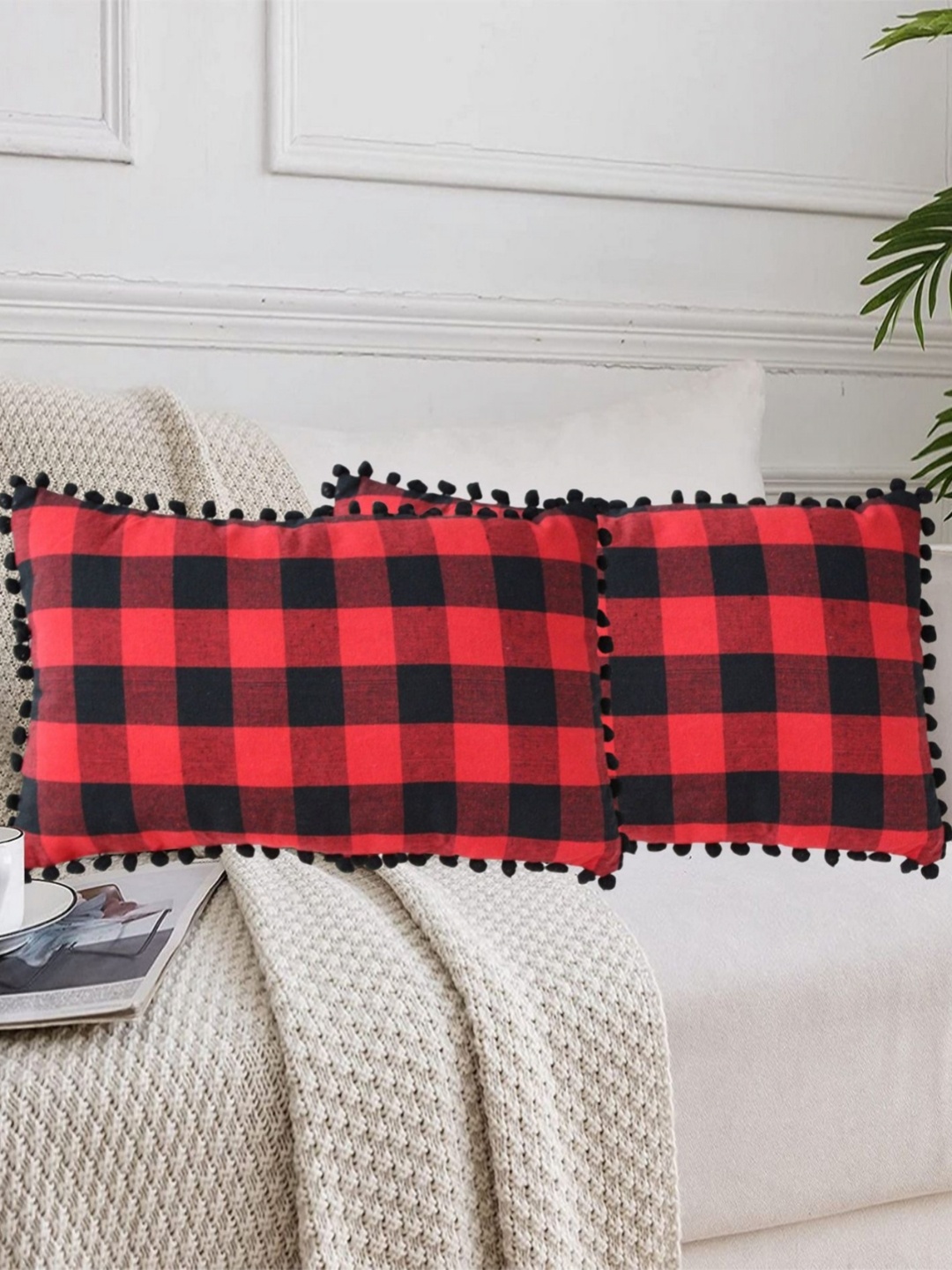 

Lushomes Red & Black 2 Pieces Checked Cotton Rectangle Cushion Covers