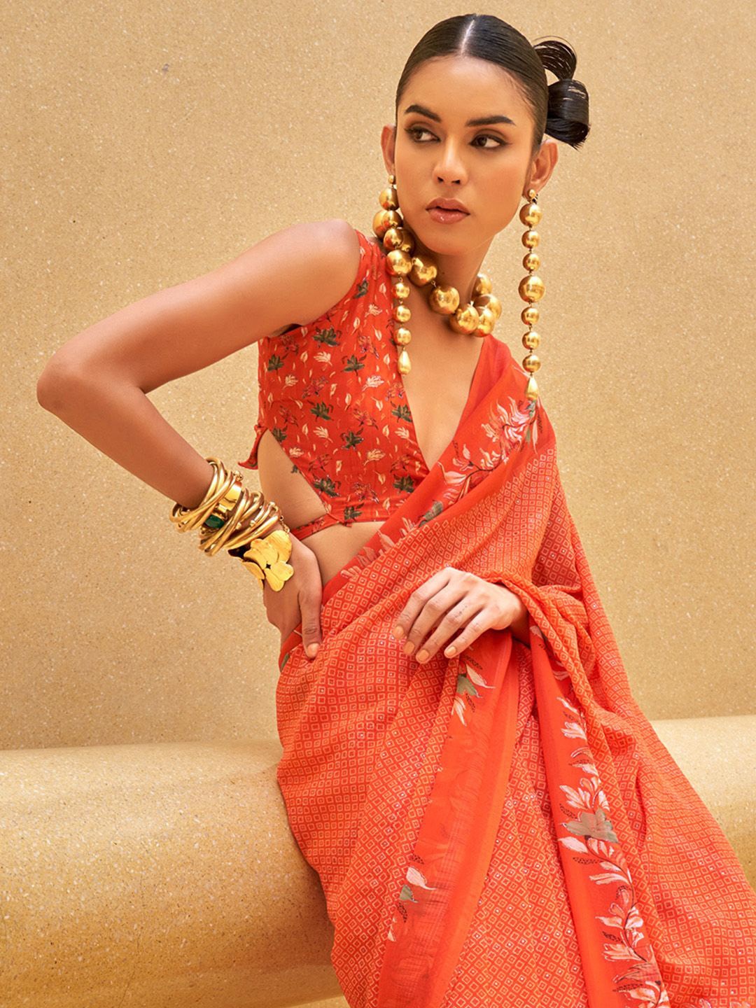 

Anouk Poly Georgette Block Print Saree, Orange