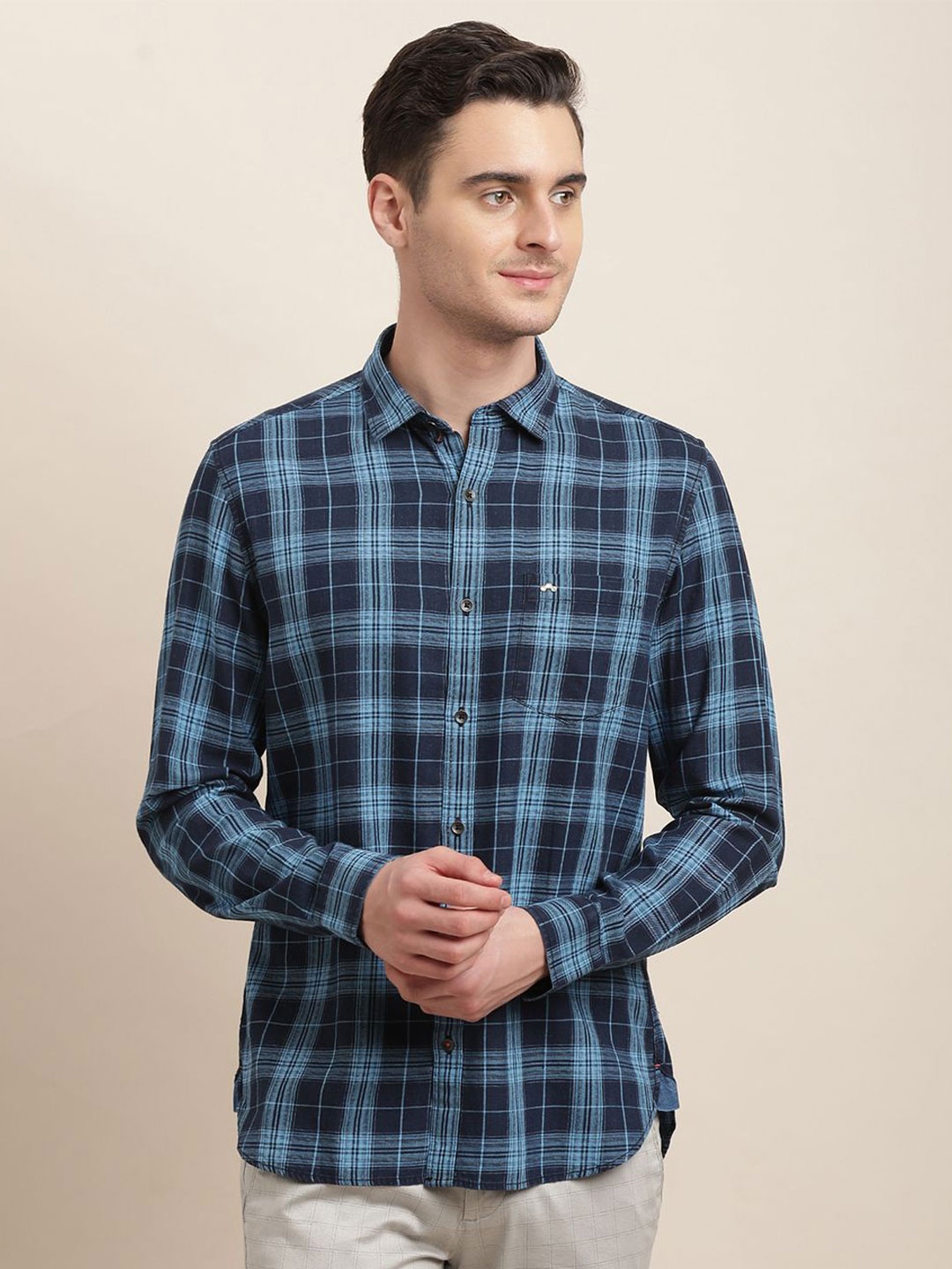 

Turtle Men Relaxed Slim Fit Tartan Checks Opaque Checked Casual Shirt, Blue