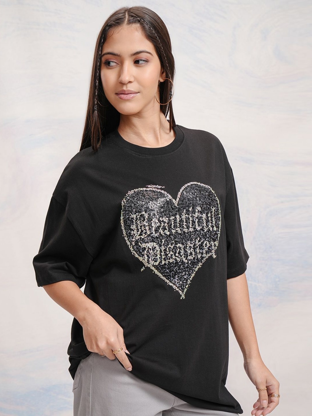 

Street By Tokyo Talkies Women Drop-Shoulder Sleeves T-shirt, Black