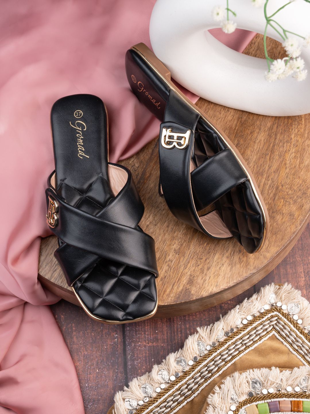 

BRISKERS Gromad Ocean Breeze Textured Open Toe Flats, Black