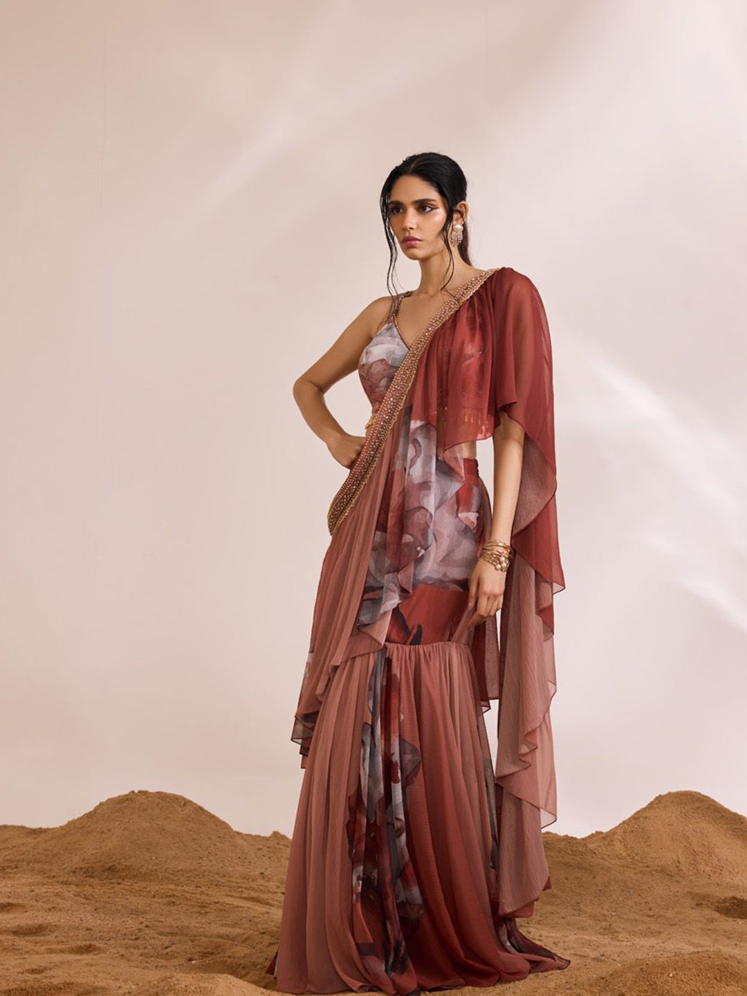 

DIVYA AGGARWAL Embellished Sequinned Saree With Ruffles, Rust