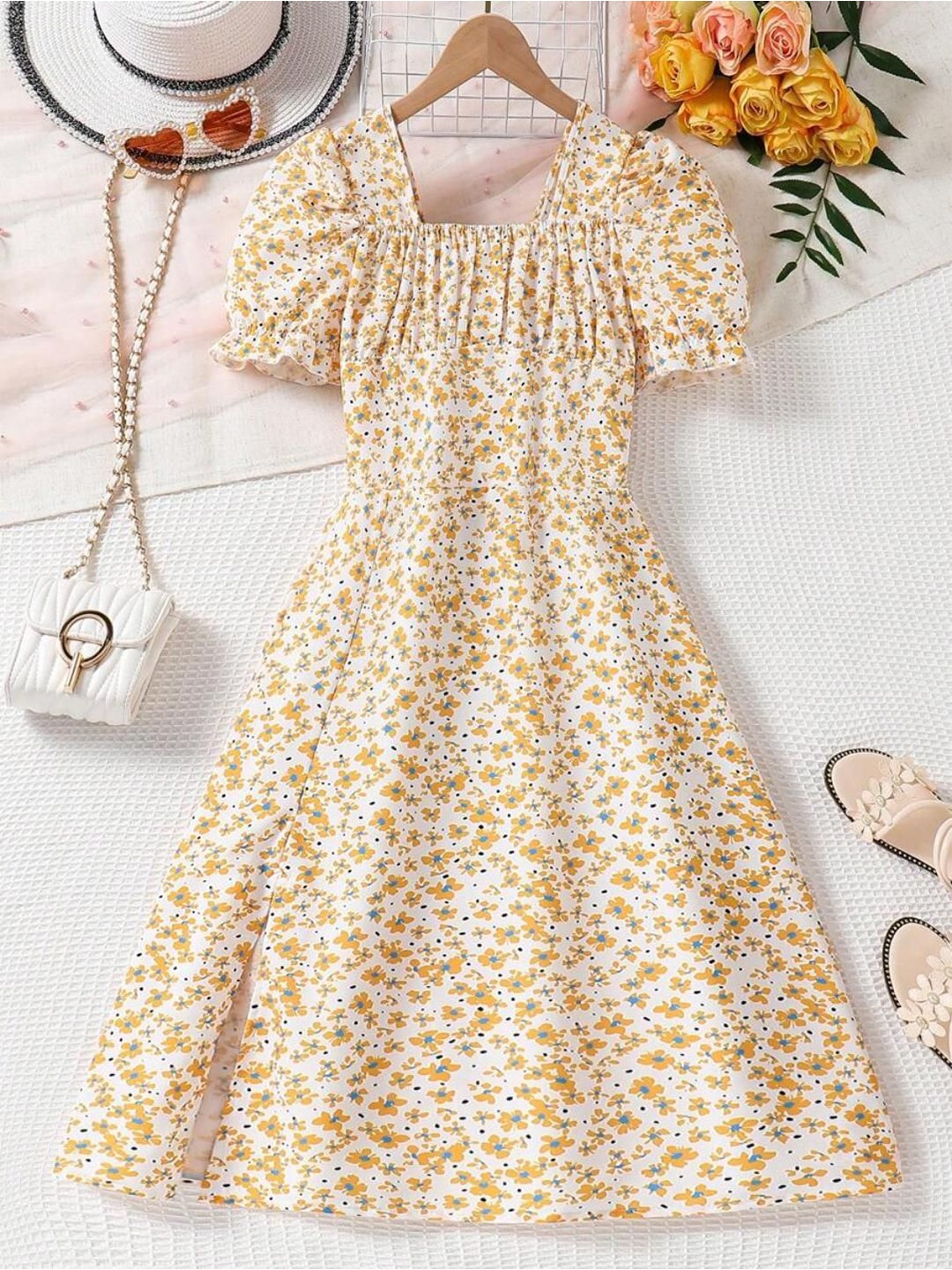 

Miss & Chief Girls Floral Printed Fit & Flare Midi Dress, Yellow