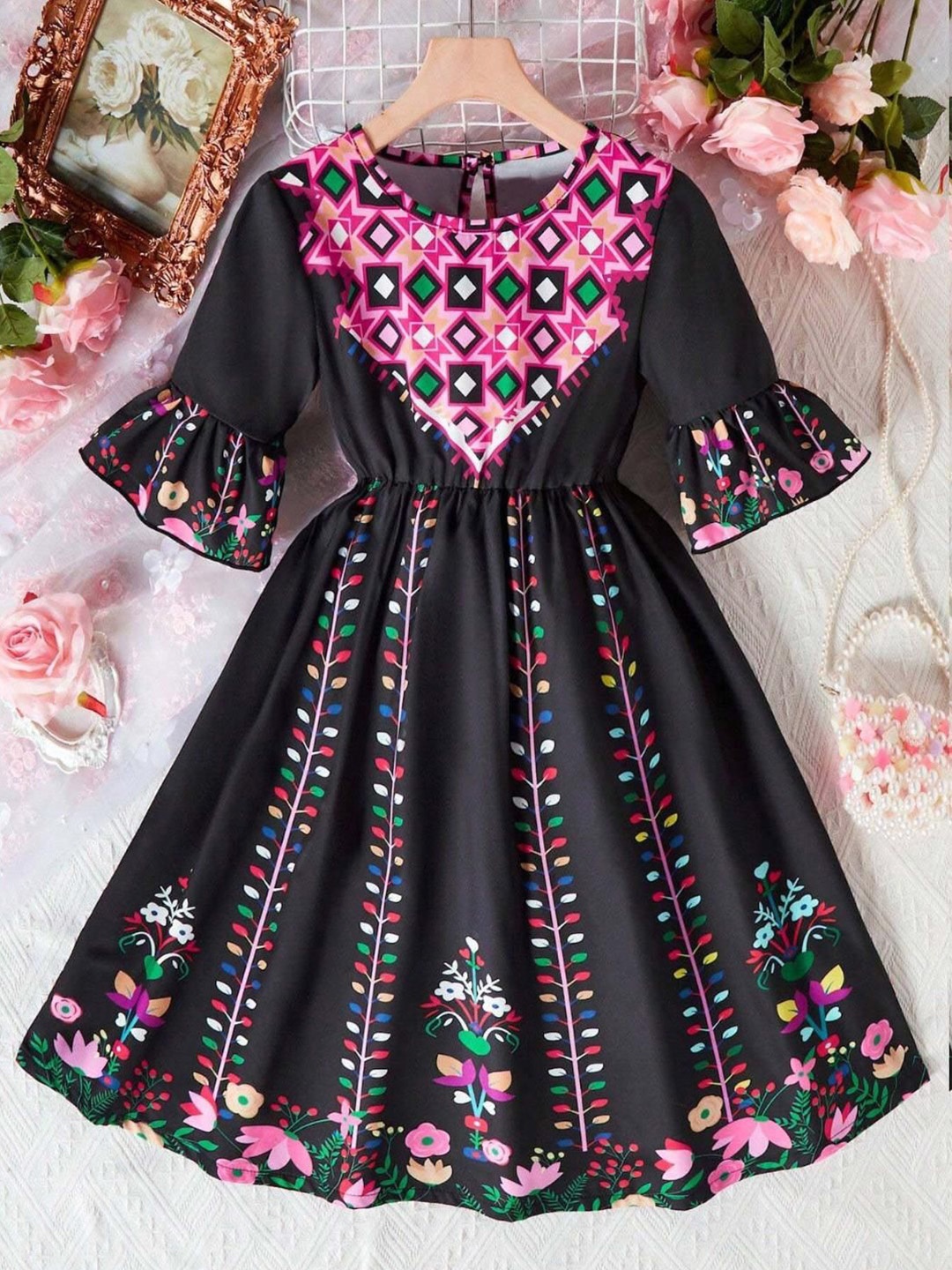 

Miss & Chief Girls Floral Printed Fit & Flare Maxi Dress, Black