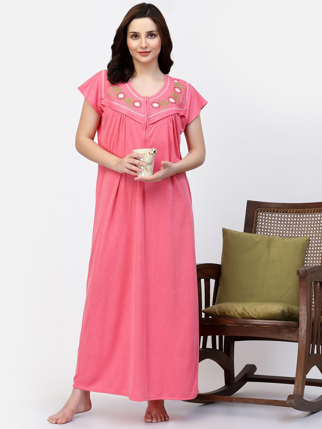 

CHUI MUI Women Embroidered Maternity Nightdress, Pink