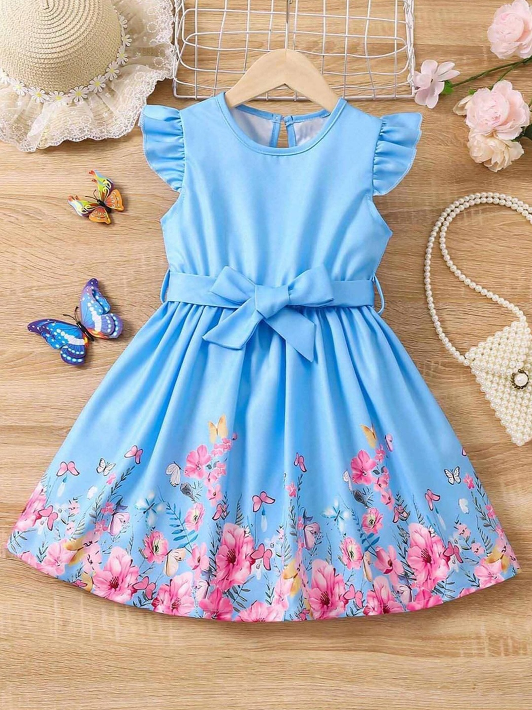 

Miss & Chief Girls Floral Printed Fit & Flare Dress, Turquoise blue