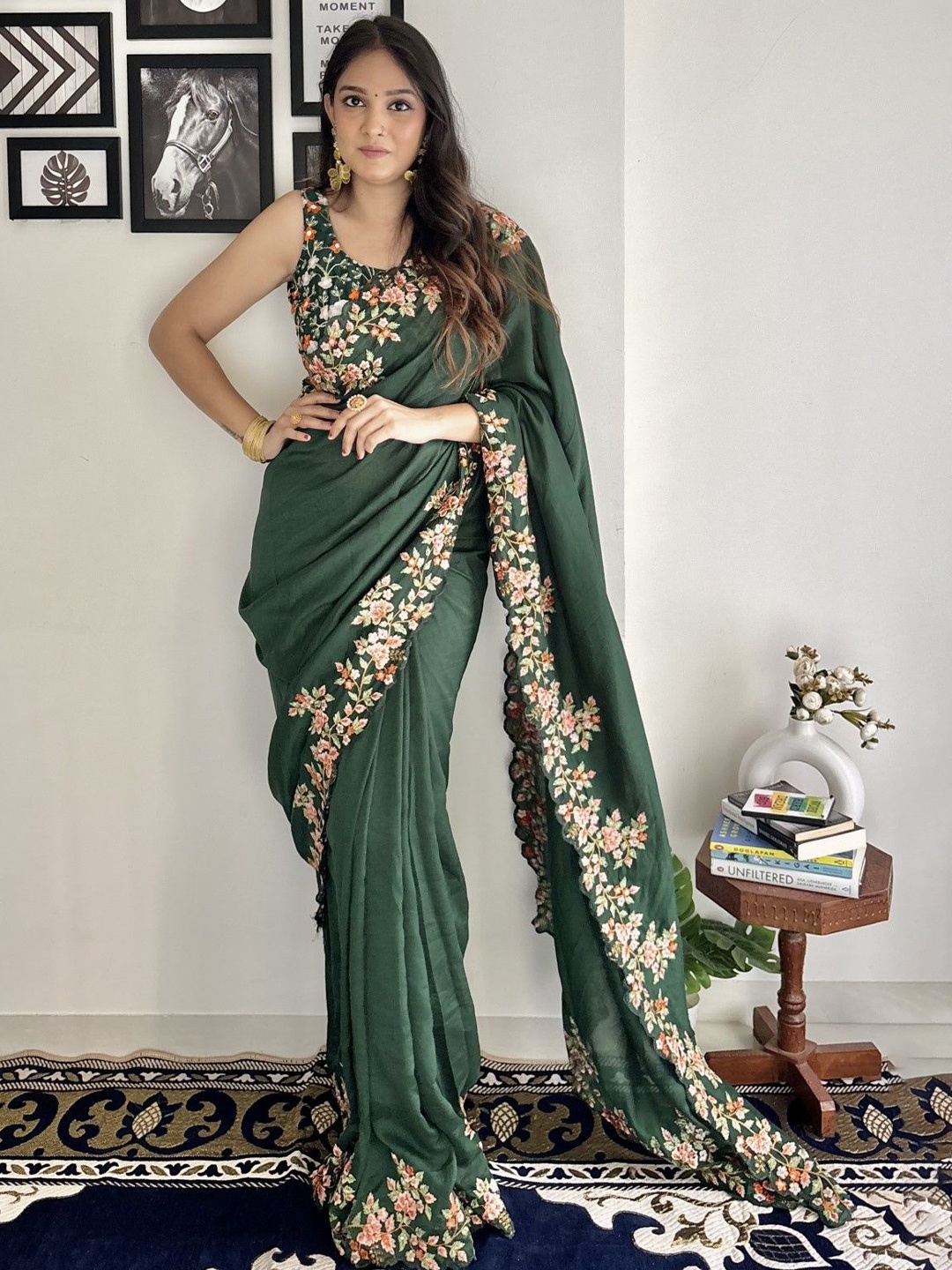 

LeeliPeeri Designer Floral Embroidered Saree, Green