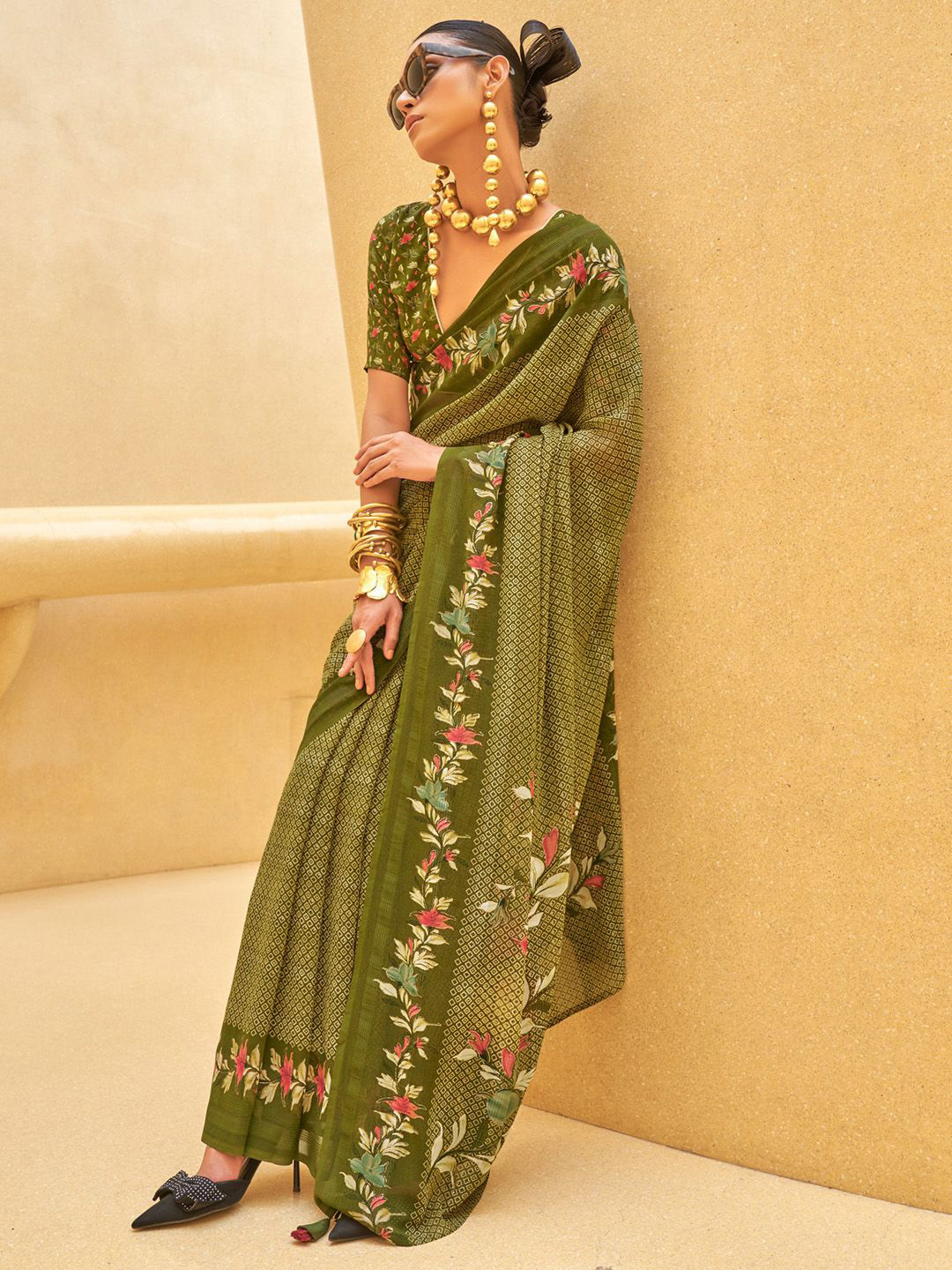 

Anouk Poly Georgette Block Print Saree, Olive