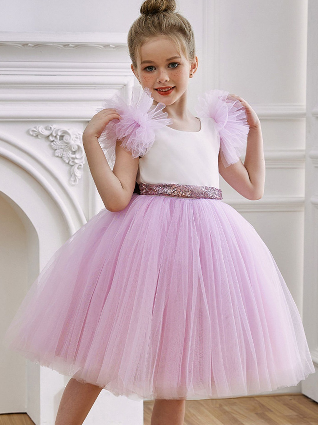 

LULU & SKY Girls Round Neck Flutter Sleeve Sequined Fit & Flare Dress, Lavender