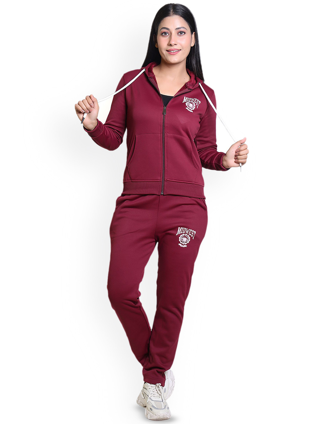 

Divine Girl Women Printed Hooded Neck Tracksuit, Maroon