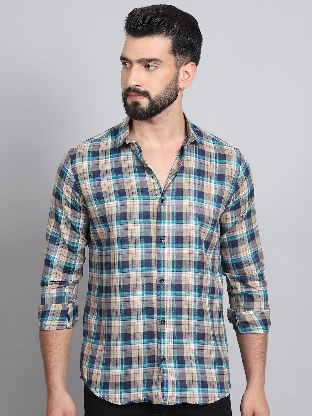 

Tanip Men Sheer Checked Casual Shirt, Beige