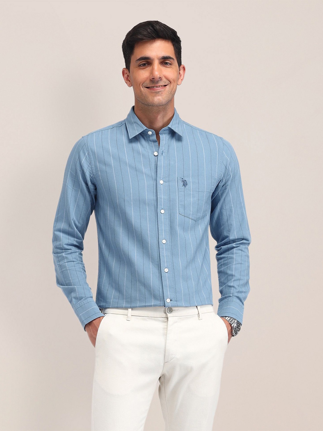 

U.S. Polo Assn. Men Classic Tailored Fit Opaque Striped Casual Shirt, Blue