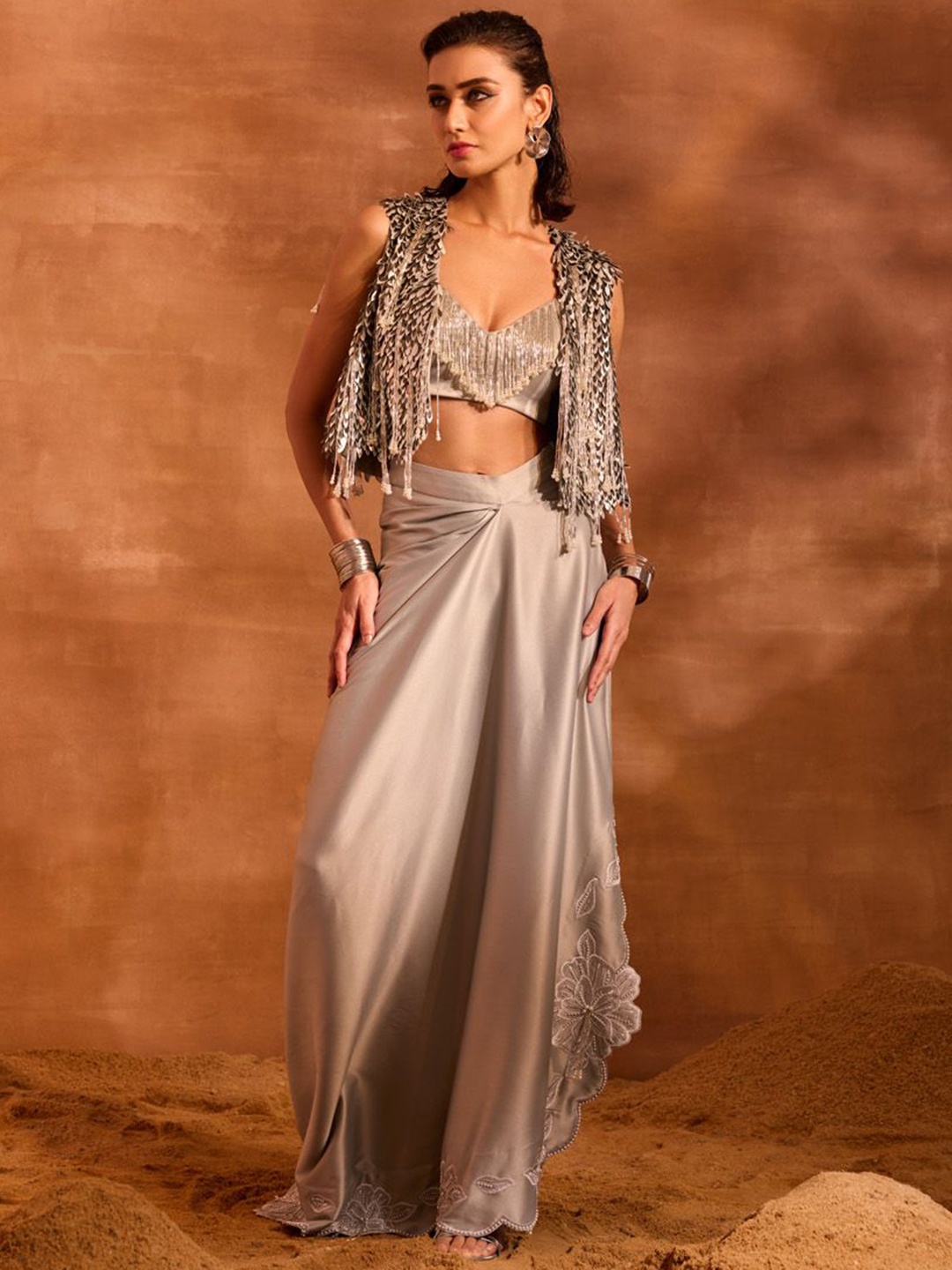 

DIVYA AGGARWAL V-Neck Embellished Top with Skirt and Jacket, Silver