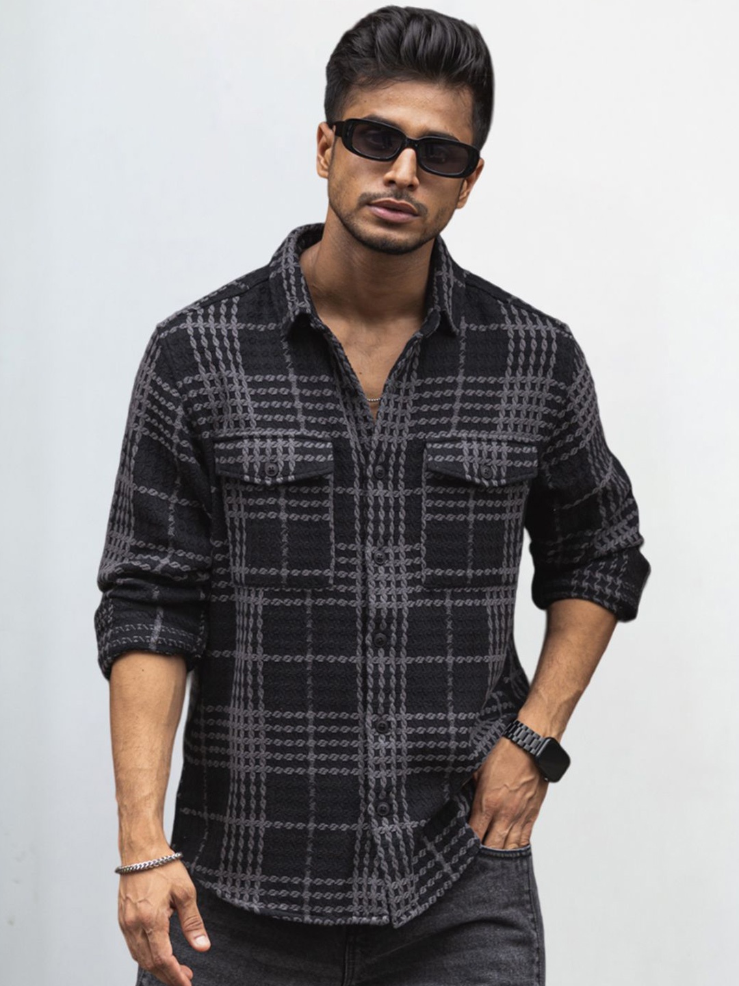 

Powerlook Men Opaque Checked Casual Shirt, Black