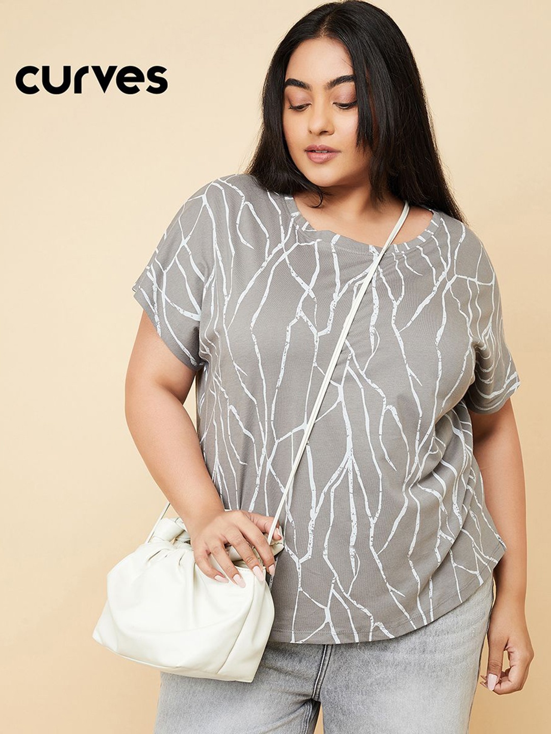 

max Women Plus Size Striped Round Neck Cotton T-shirt, Grey