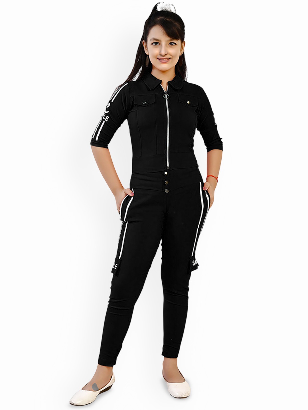 

FELLAMO Girls Shirt Collar jacket With Joggers, Black