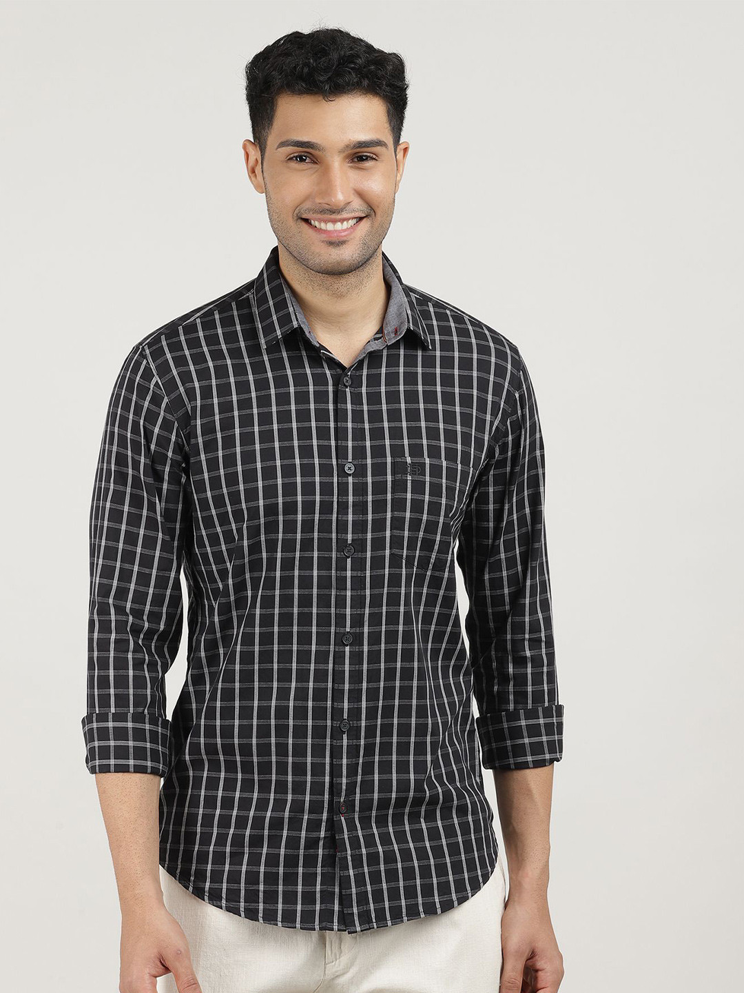 

DRAGON HILL Men Classic Slim Fit Grid Tattersall Checks Opaque Checked Casual Shirt, Black