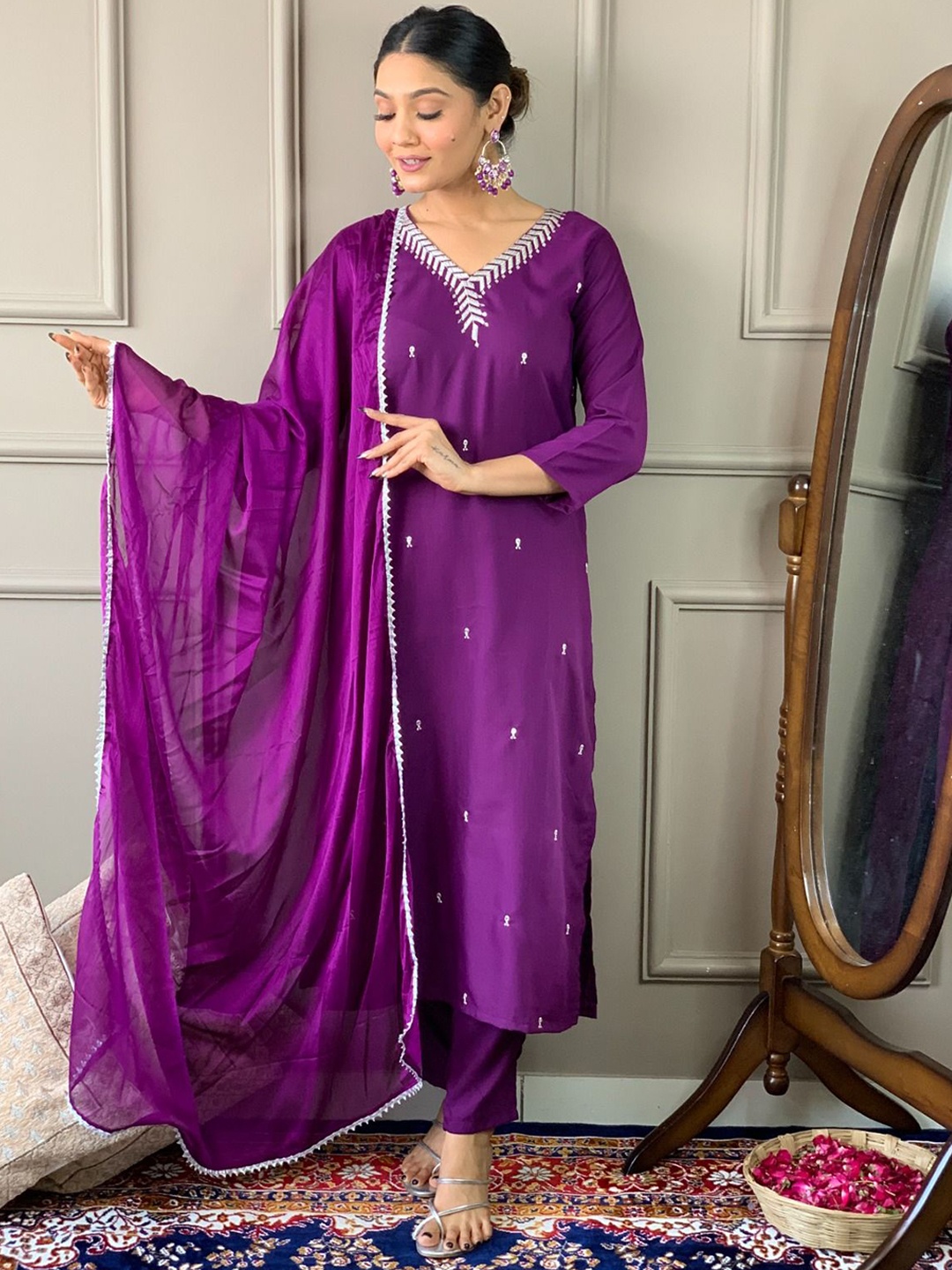 

KALINI V-Neck Floral Embroidered Thread Work Straight Kurta with Trouser & Dupatta, Purple