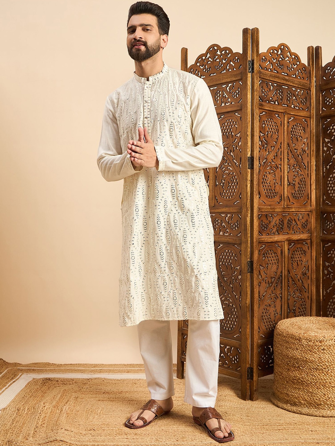 

House of Pataudi Embroidered Straight Kurta, White