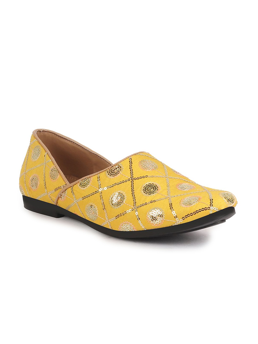 

FAUSTO Men Embellished Round Toe Slip-On Mojaris, Yellow