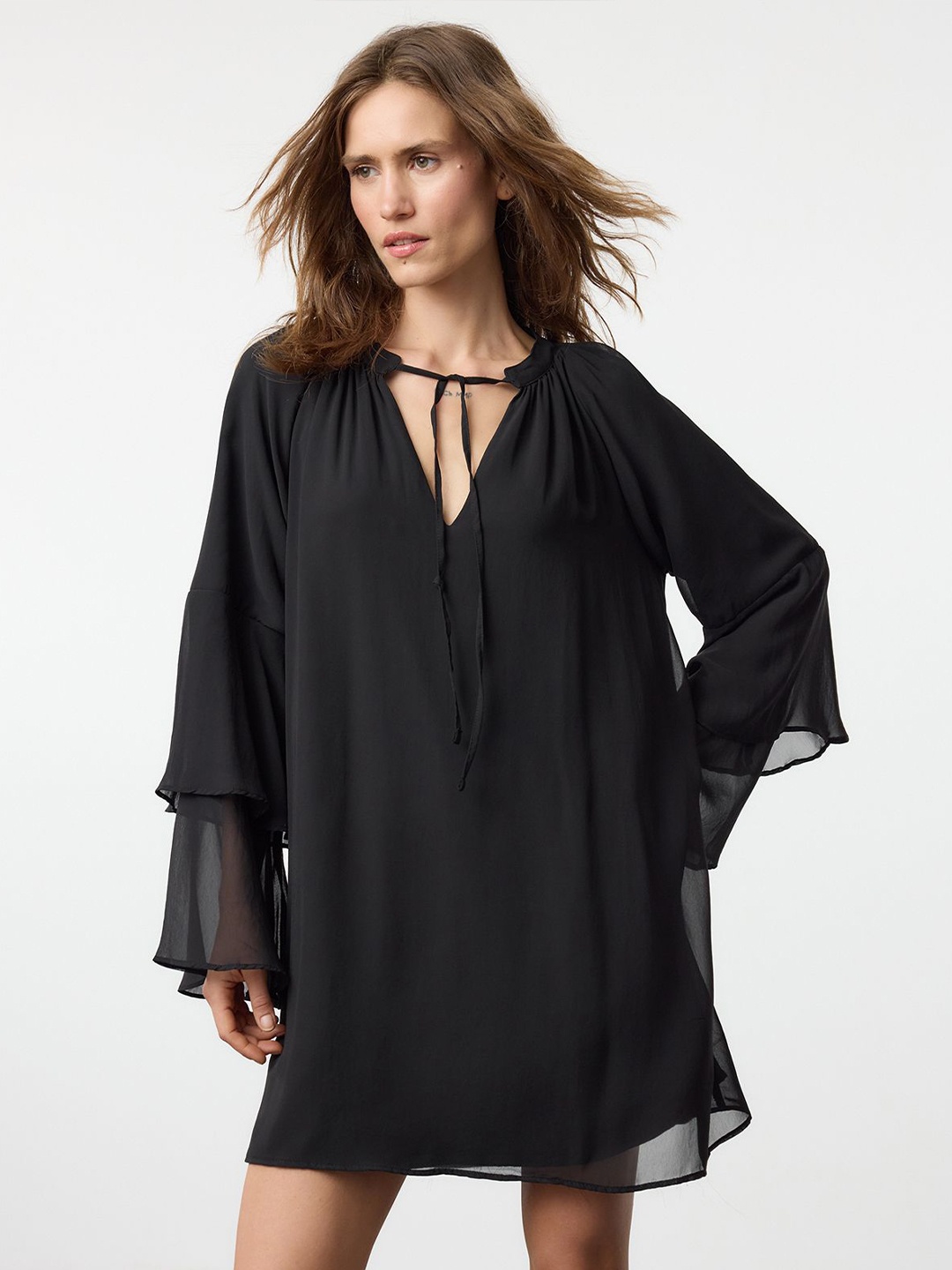 

Trendyol Tie-Up Neck Flared Sleeve A-Line Dress, Na
