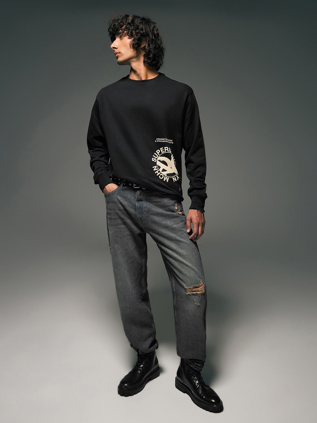 

Flying Machine Graphic Printed Round Neck Long Sleeves Pure Cotton Relaxed Fit Sweatshirt, Black
