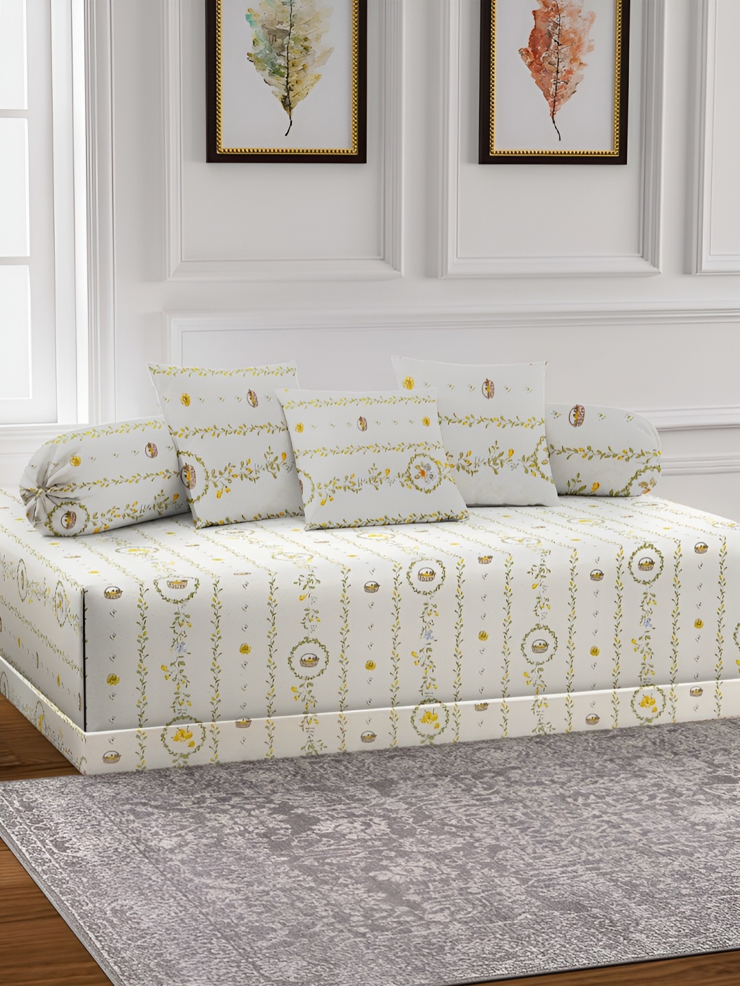 

Arrabi Set Of 6 Cream-Coloured & Green Printed Diwan Set