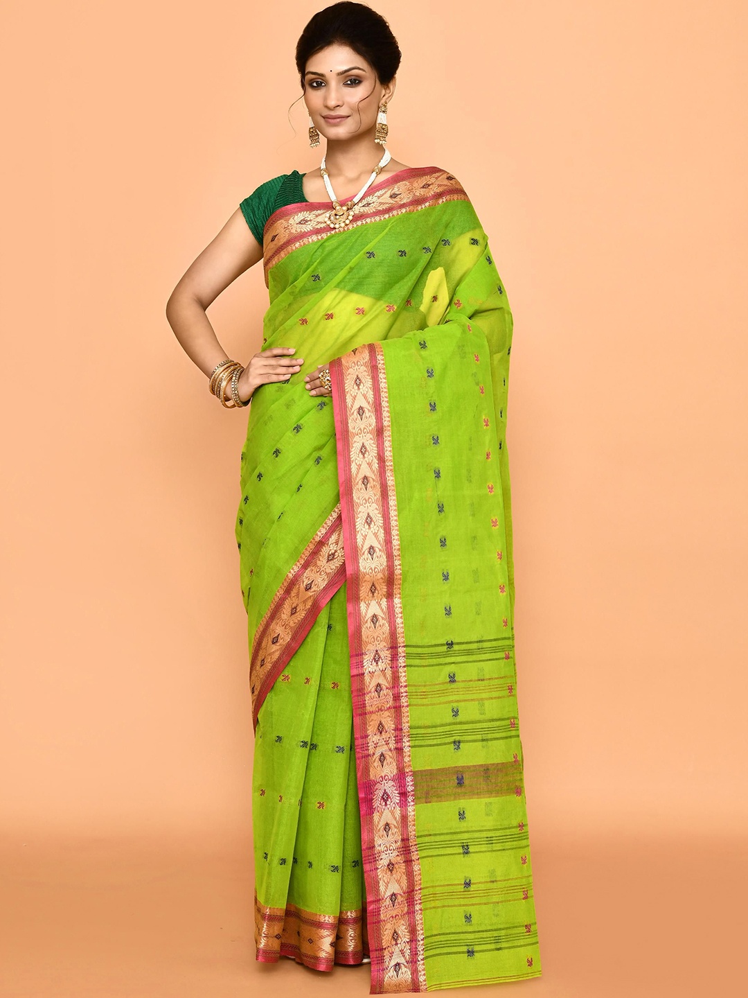 

PUKU Ethnic Motifs Patchwork Pure Cotton Taant Saree, Green