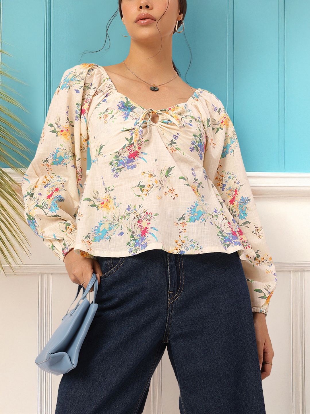 

DressBerry Delicate Florals Puff Sleeves Top, Beige