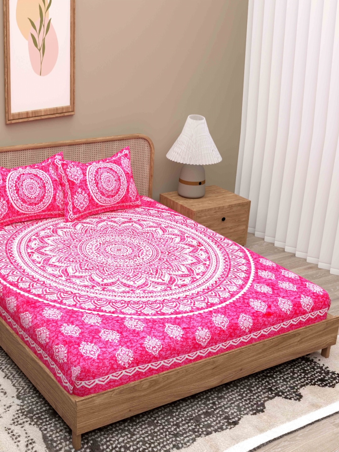 

Lali Prints Pink & White Geometric 180 TC Queen Bedsheet with 2 Pillow Covers