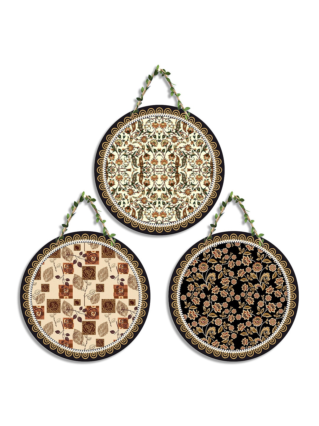 

SEHAZ ARTWORKS Cir Black & Beige 3 Pieces Printed Wooden Wall Hangings