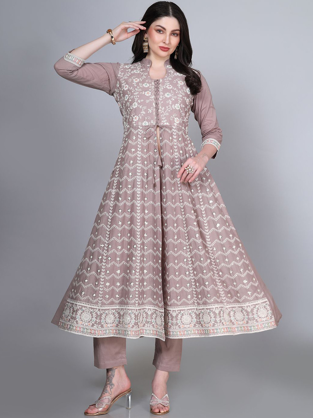 

Laxis Floral Embroidered Regular Thread Work Pure Cotton Kurta with Trousers, Beige