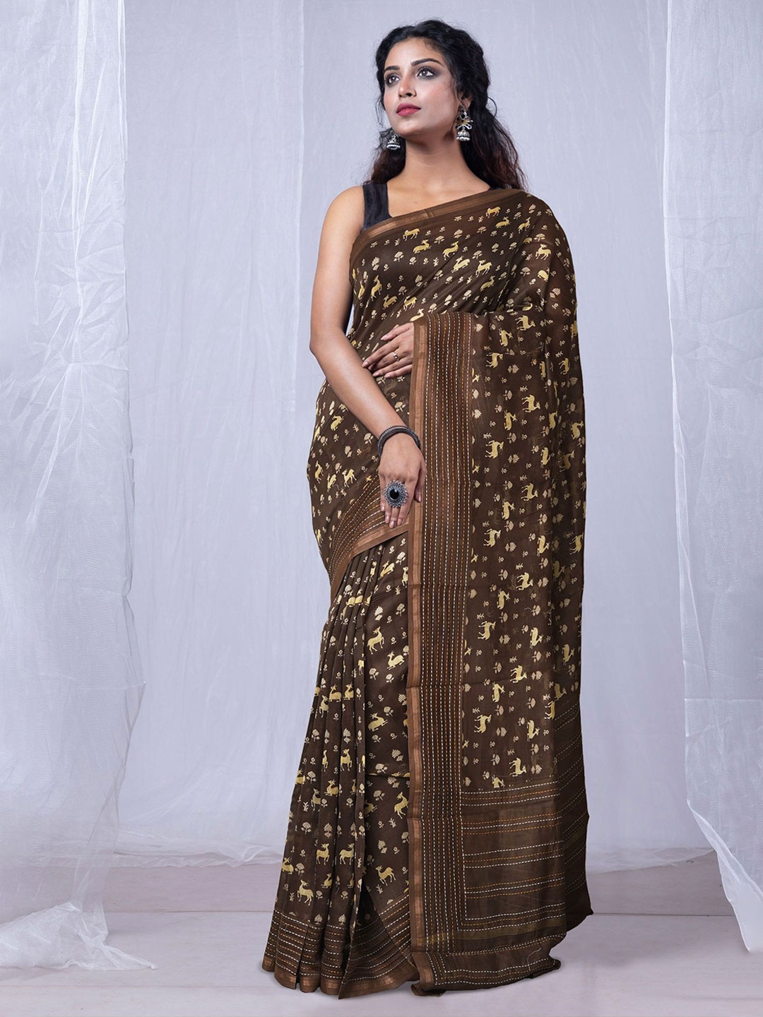 

Unnati Silks Zari Silk Cotton Handloom Chanderi Saree, Brown