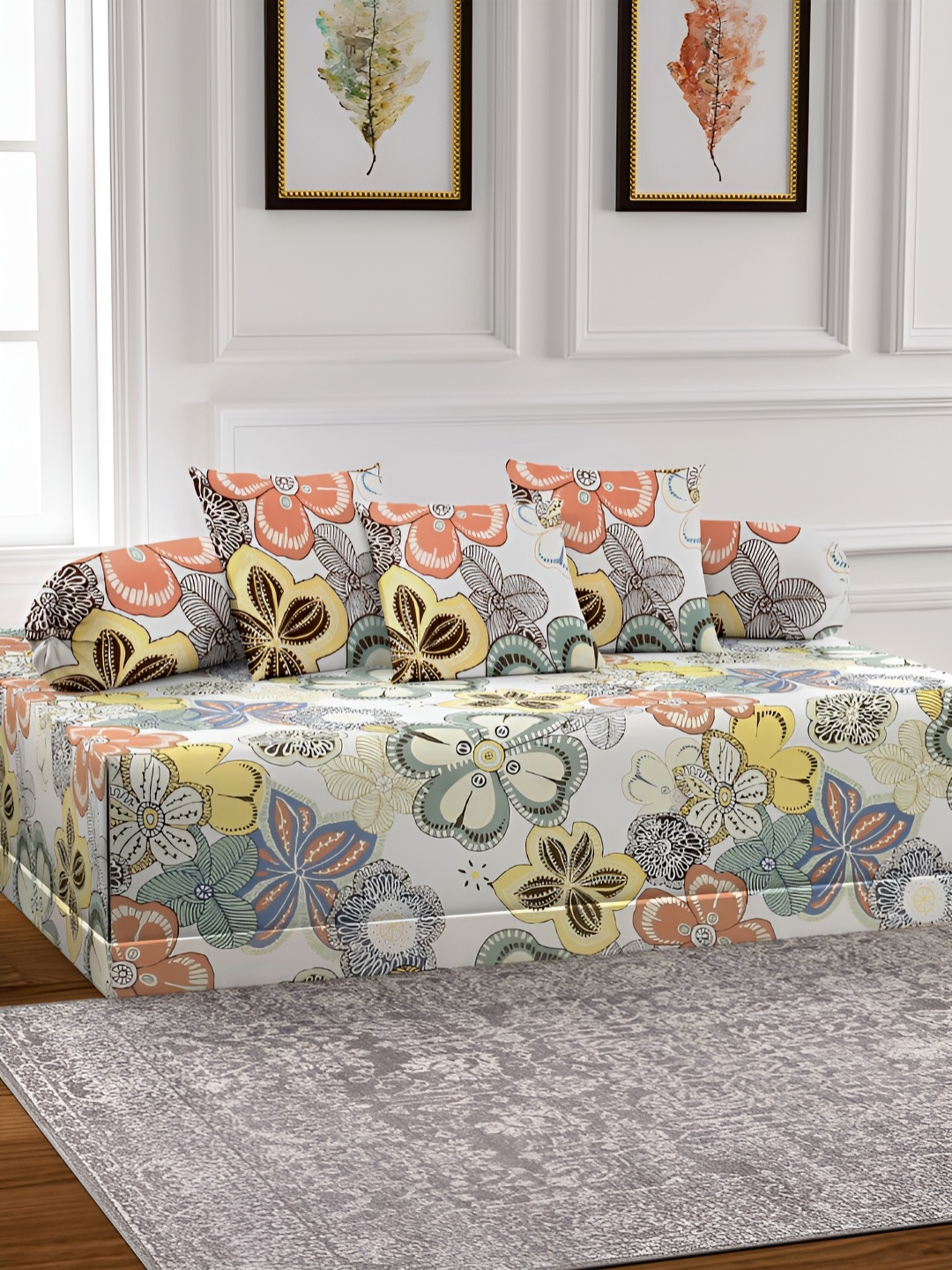 

Arrabi 6-Pcs White & Yellow Printed Diwan Set
