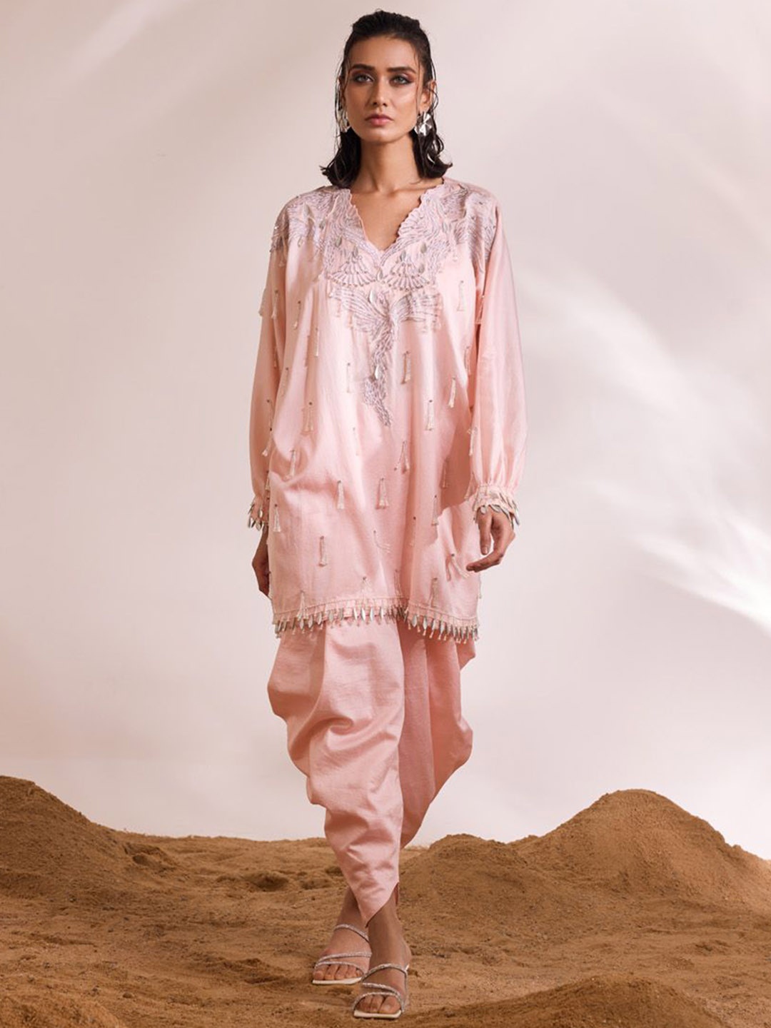 

DIVYA AGGARWAL V-Neck Embroidered Tunic with Dhoti Pant, Pink