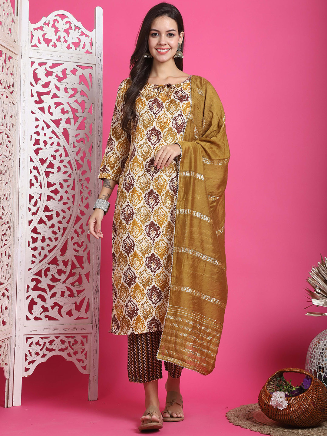

Roly Poly Women Floral Printed Regular Kurta with Trousers & With Dupatta, Mustard
